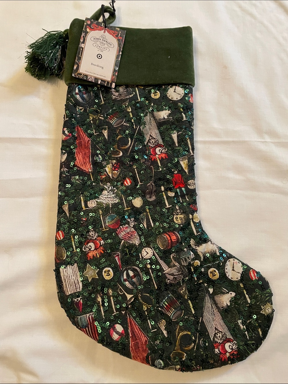 John Derian Christmas Stocking Green Vintage Toy Pattern Sequins Velvet Cuff
